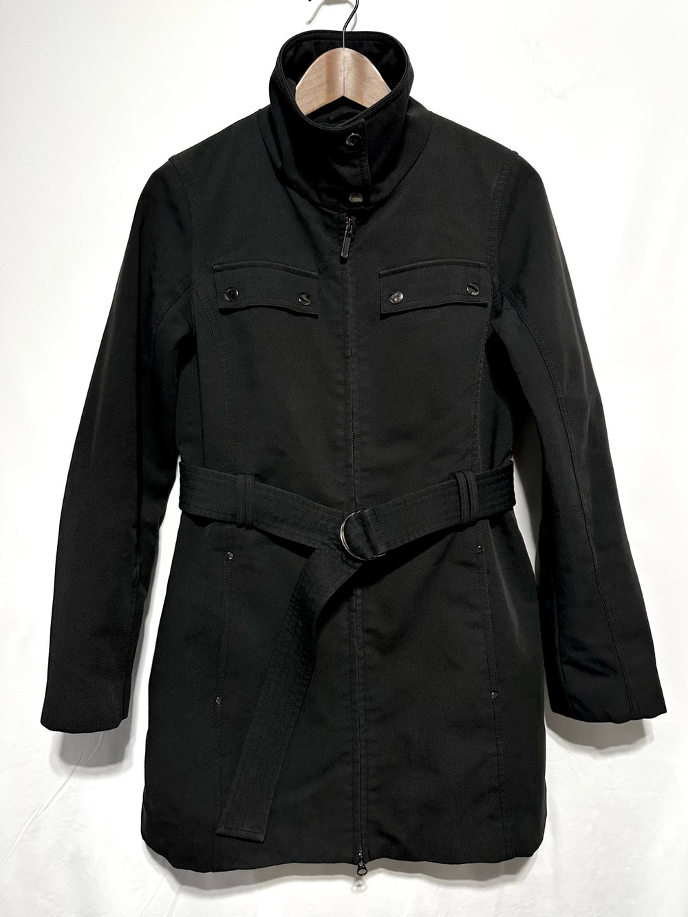 Kristen Blake Black Belted Quilted Trench Coat Classic Funnel Neck Small